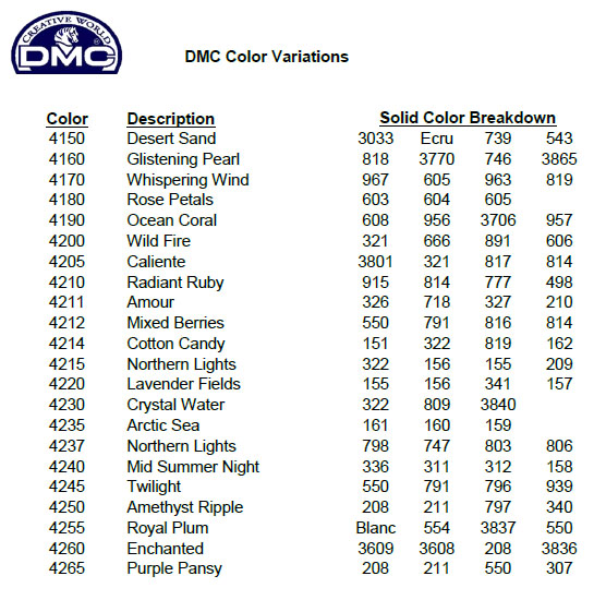 DMC Colorl Variations Numeración y colores en que se componen